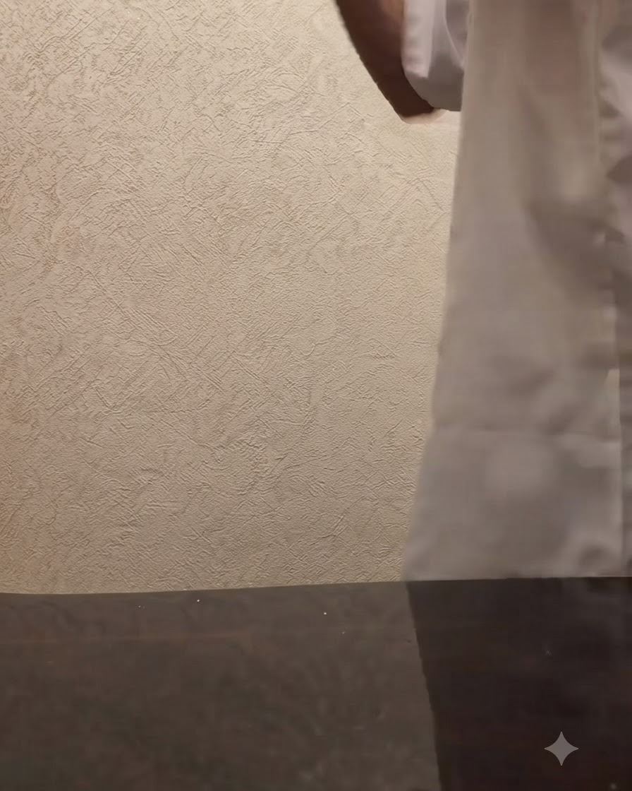 A person vigorously shaking a silver cocktail shaker against a textured beige wall.