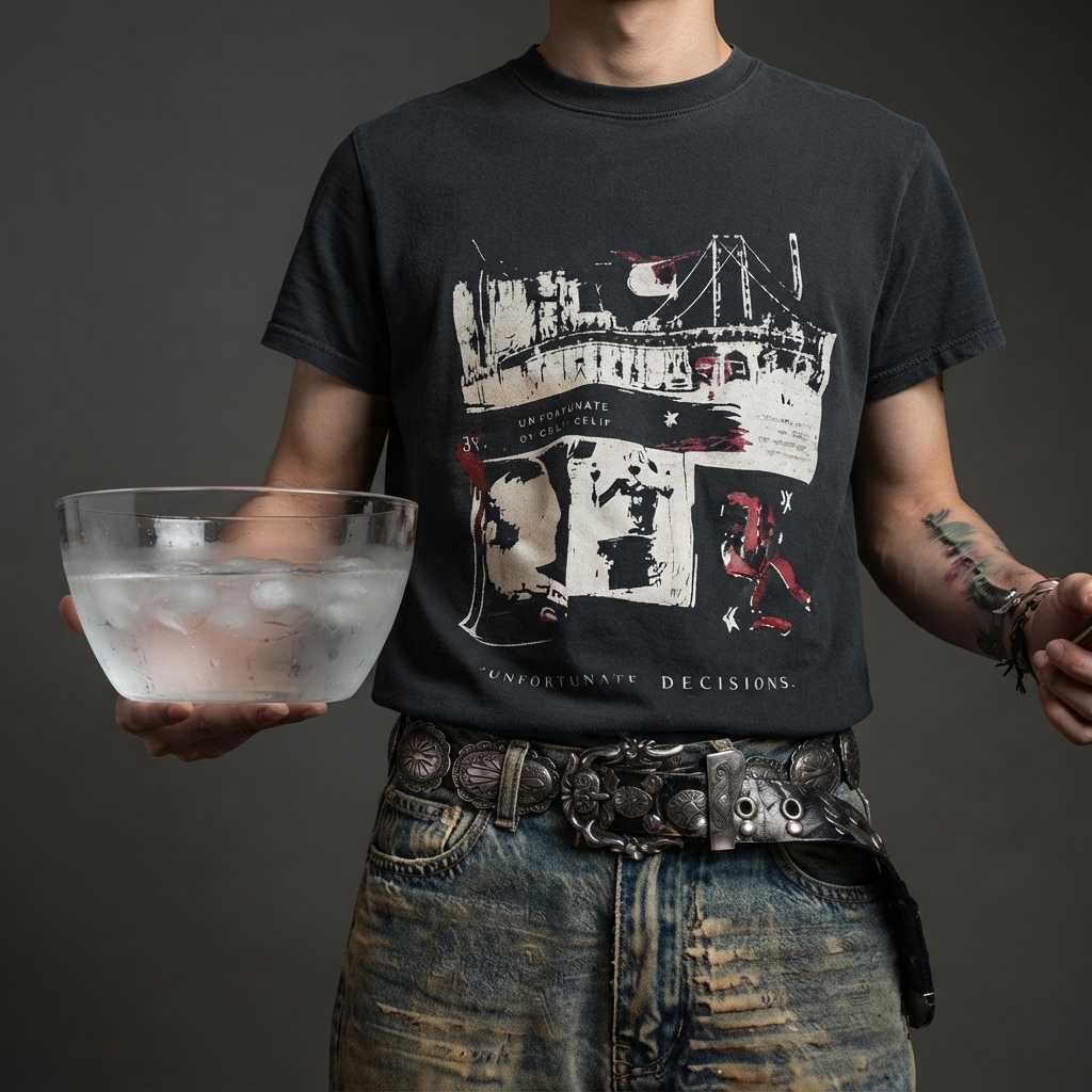 A person holding a glass bowl filled with water and ice cubes.