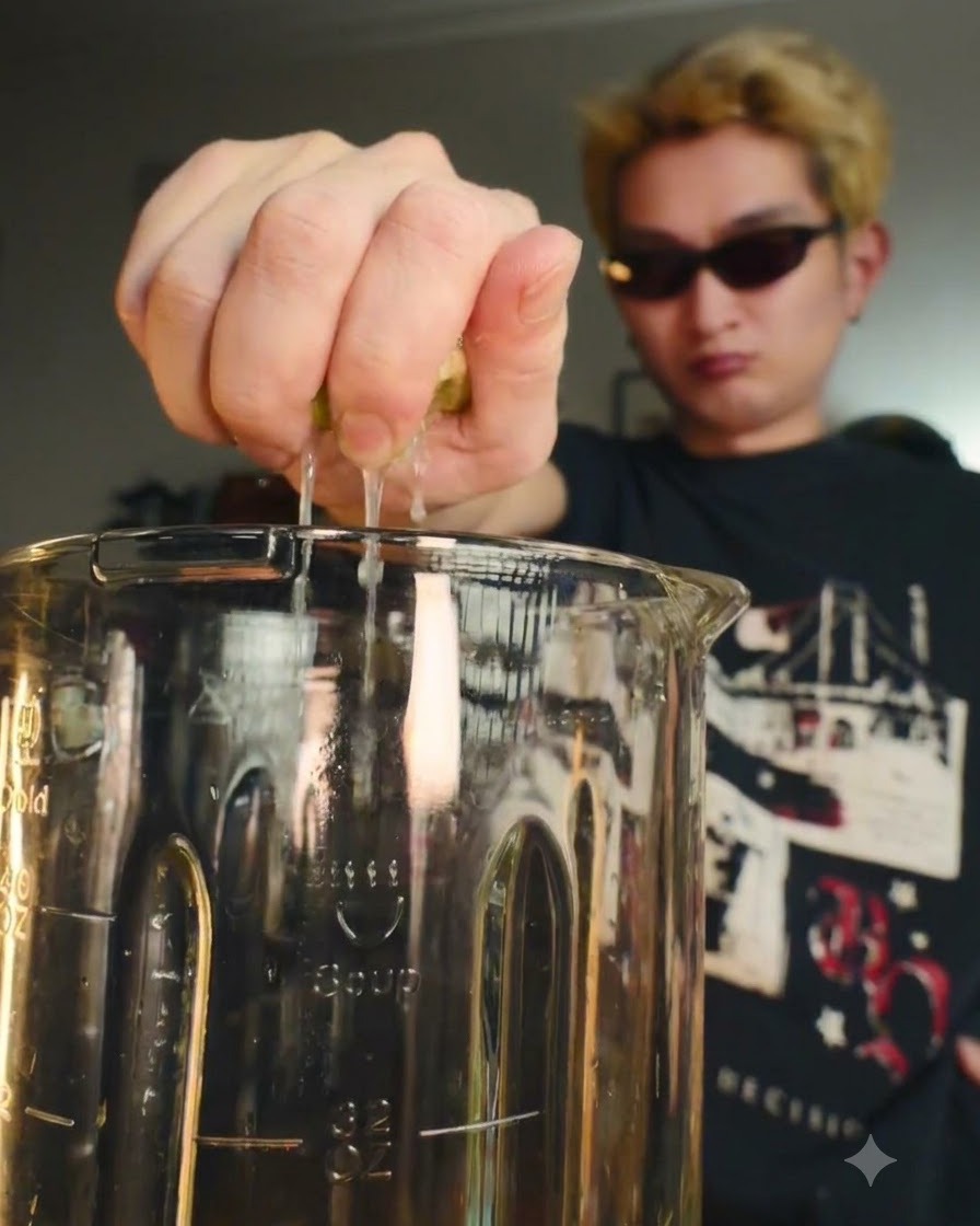 A hand squeezing a fresh lime half, releasing juice drops into the blender pitcher.