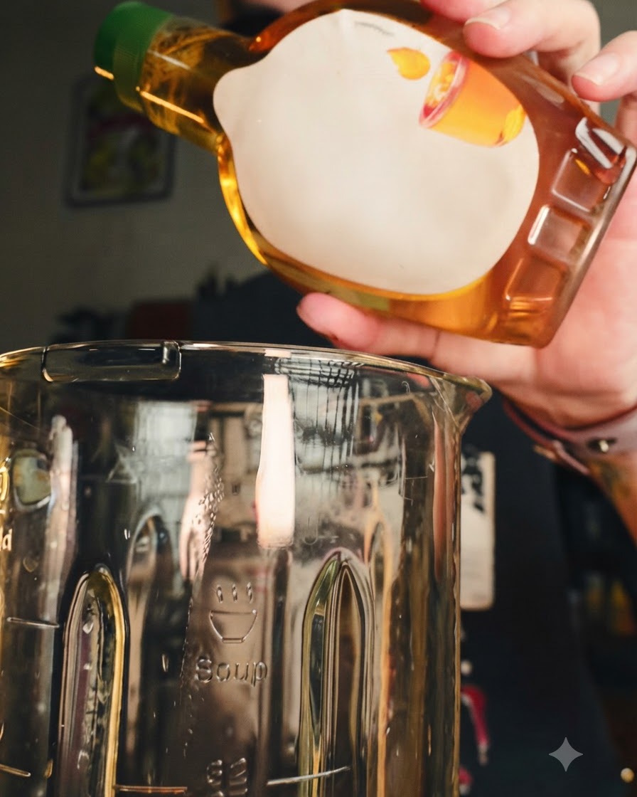 Agave syrup being poured from a bottle into the blender pitcher.
