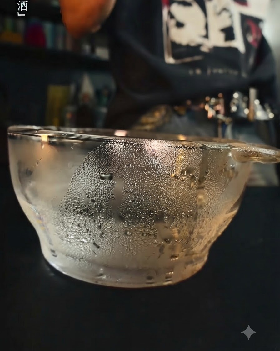 A glass bowl covered with water droplets, reflecting the preparation process of softening gelatin sheets.