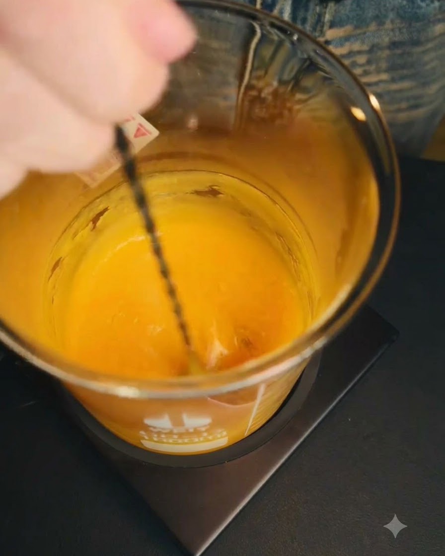 A long-handled spoon stirring smooth orange mango puree inside a clear glass beaker placed on a heating surface.