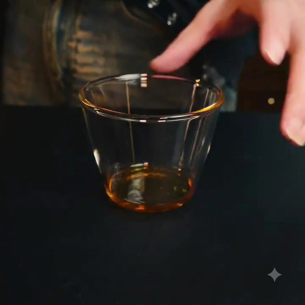 An empty transparent glass cup resting on a dark countertop surface ready for liquid filling.