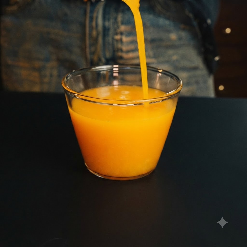 Vibrant orange liquid being poured from a height into a transparent glass cup, filling it nearly to the brim.