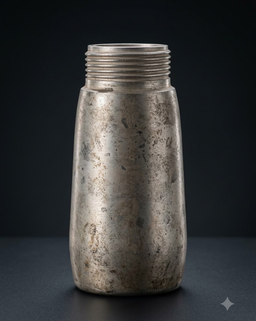A weathered, scratched metallic cream whipper canister with threaded top sitting vertically on a dark surface.