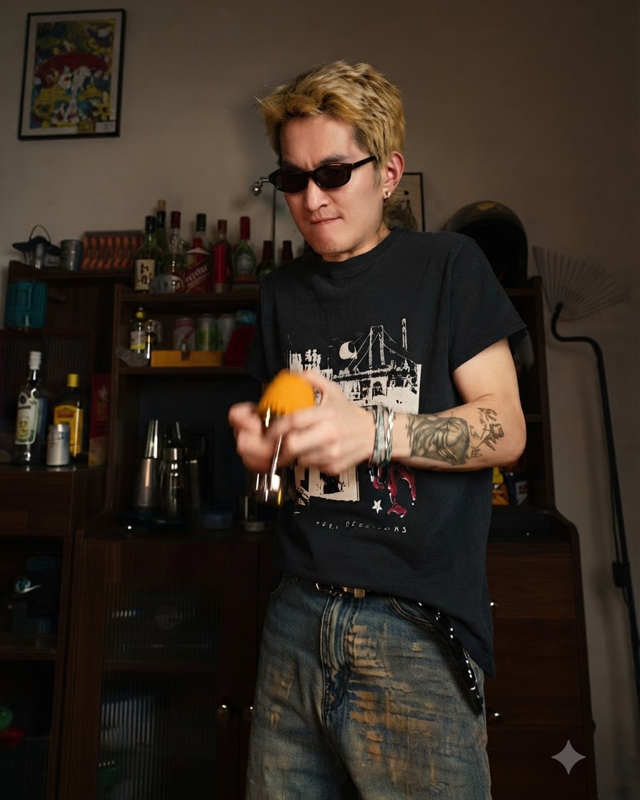 A person with blonde hair and sunglasses wearing a dark graphic t-shirt carefully handling an inverted cup to release the set yellow jelly.