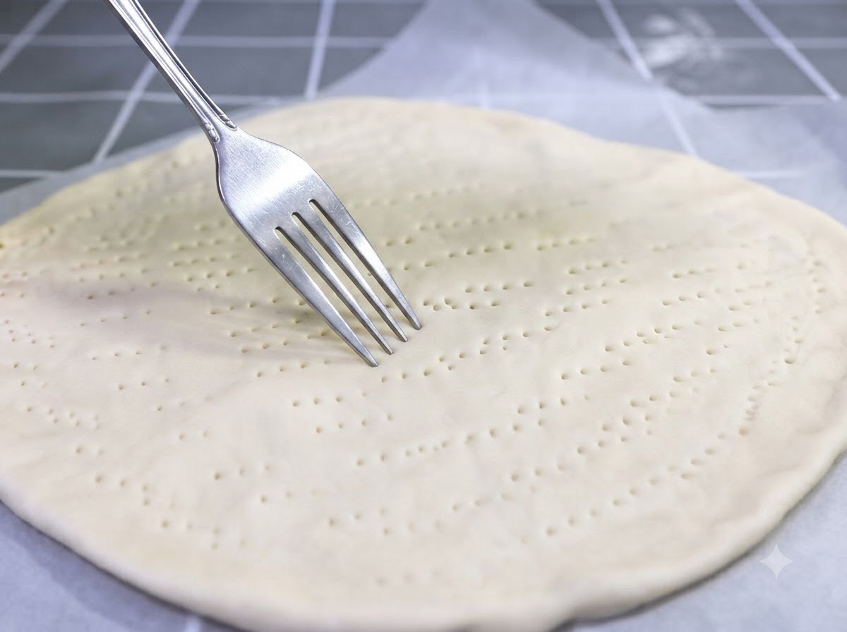 A fork piercing holes across the center of the shaped pizza dough.
