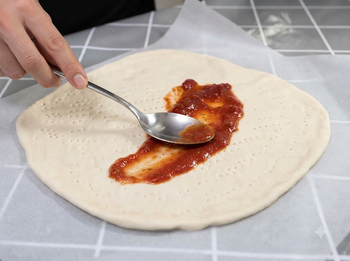 A metal spoon spreading a dollop of red tomato sauce over the center of a pale pizza dough base.