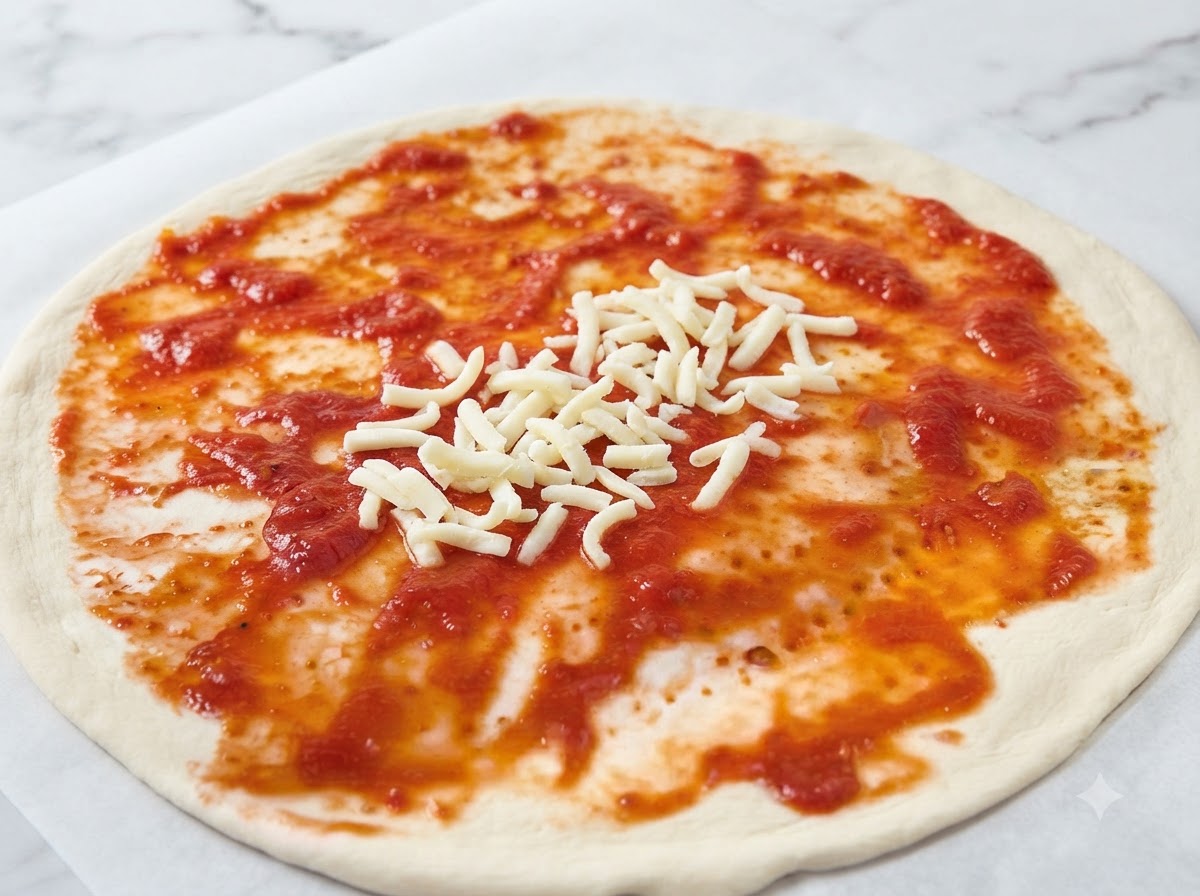 A handful of shredded white mozzarella cheese being scattered over a tomato-sauced pizza base.