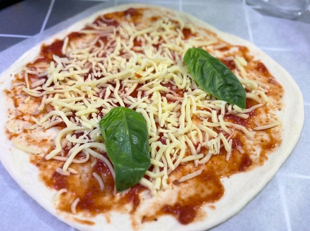 Several vibrant green fresh basil leaves placed on top of shredded cheese and tomato sauce.
