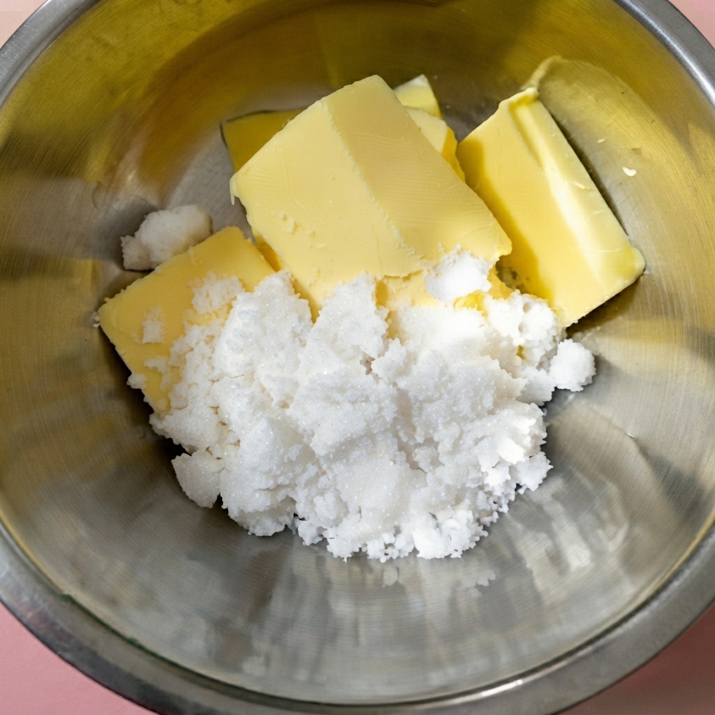 Butter cubes and white sugar sitting together inside a stainless steel mixing bowl.