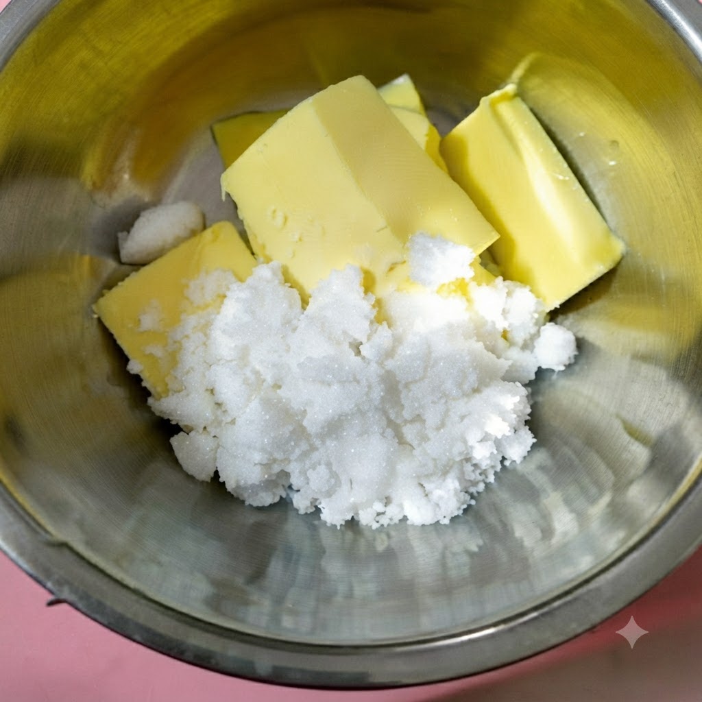 An electric mixer whipping butter and sugar into a light, fluffy pale yellow cream.