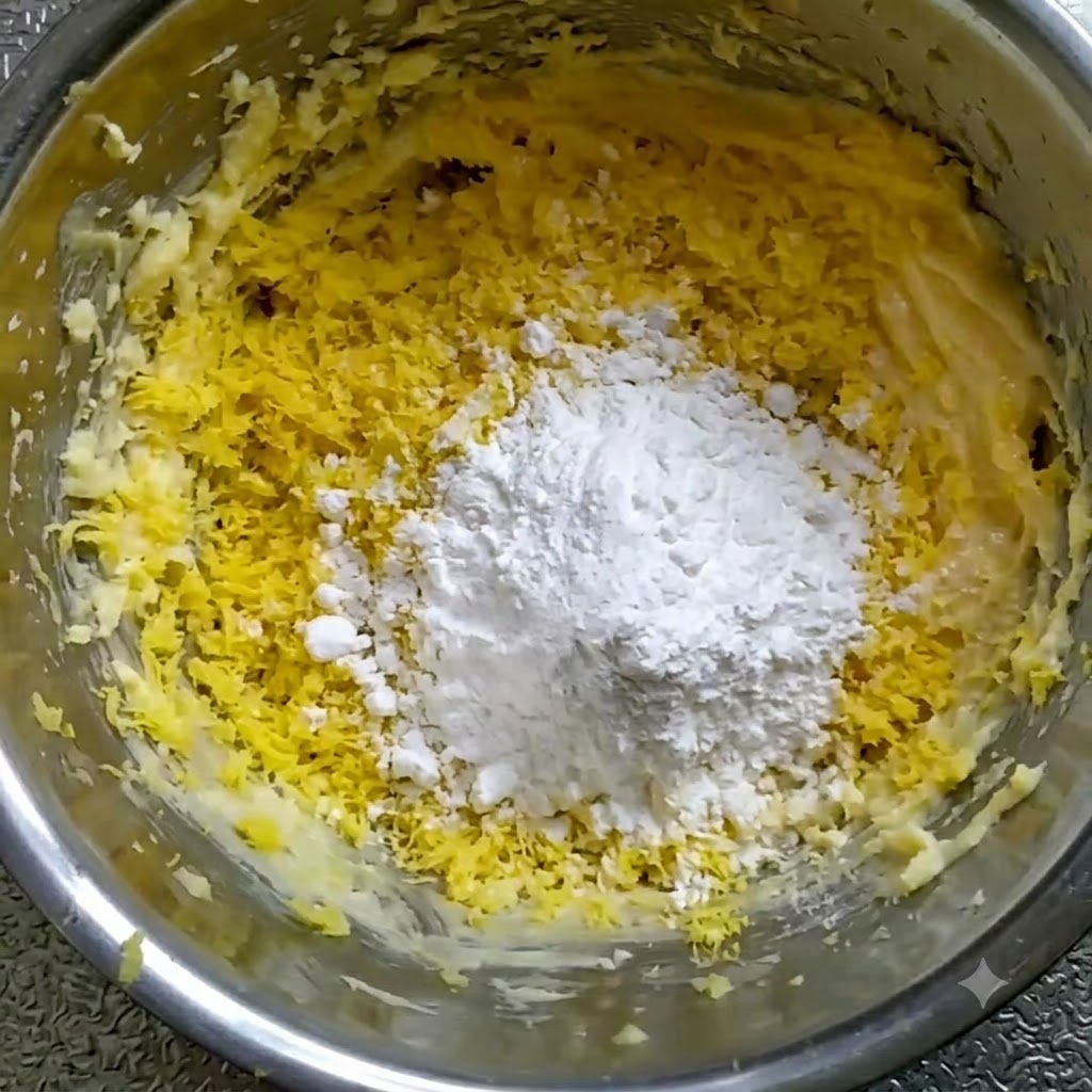 A heap of white cornstarch and flour piled on top of the yellow whipped butter and sieved egg yolk mixture.