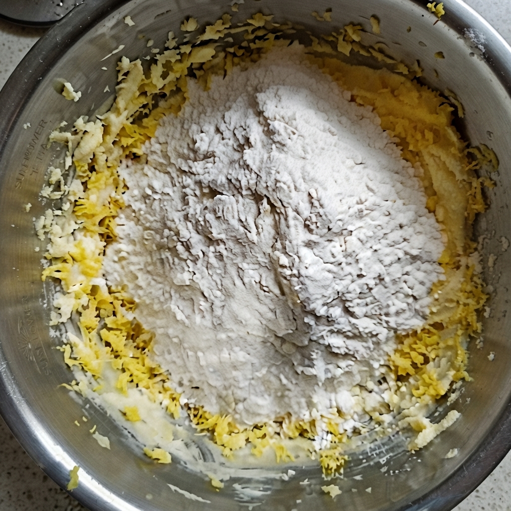 Dry flour and cornstarch piled on top of butter and egg yolk mixture inside a metal bowl before kneading.
