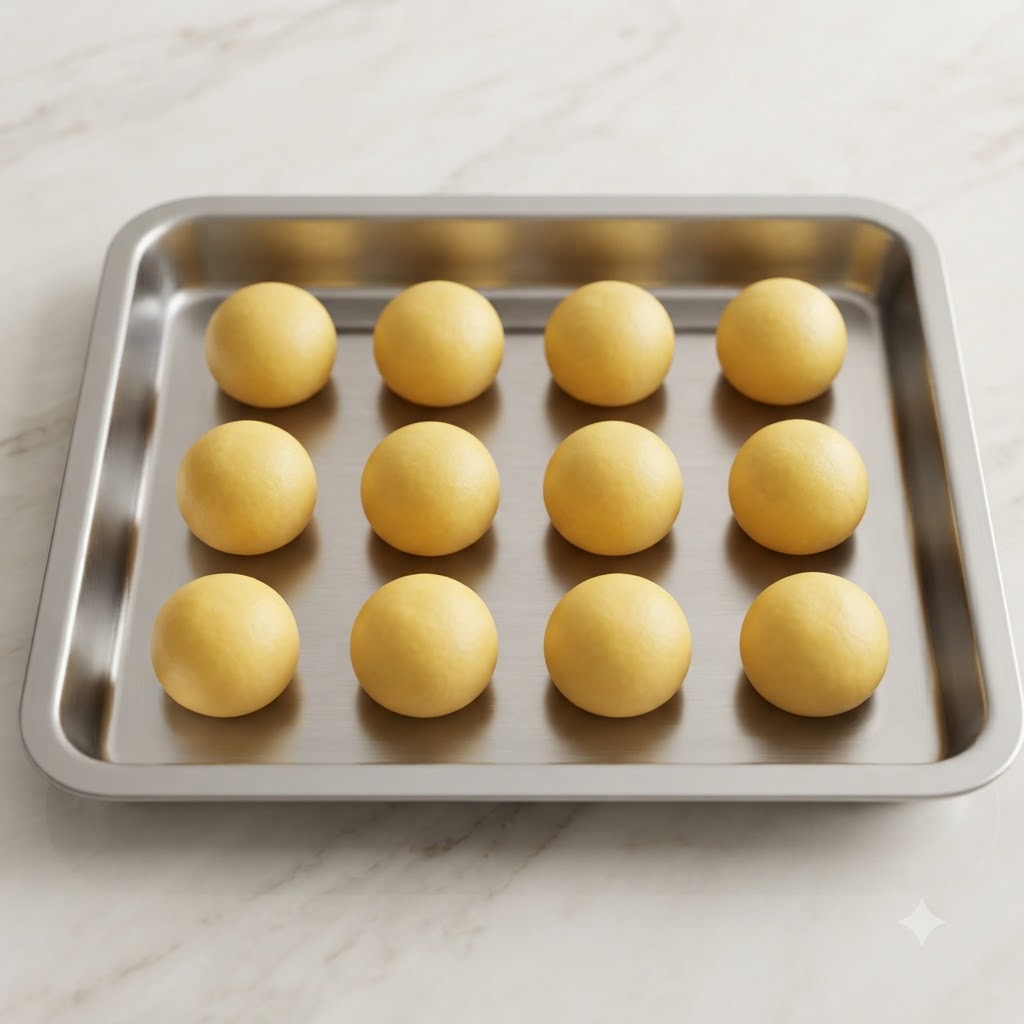 A metal tray lined with evenly spaced smooth yellow dough balls ready for thumb printing.