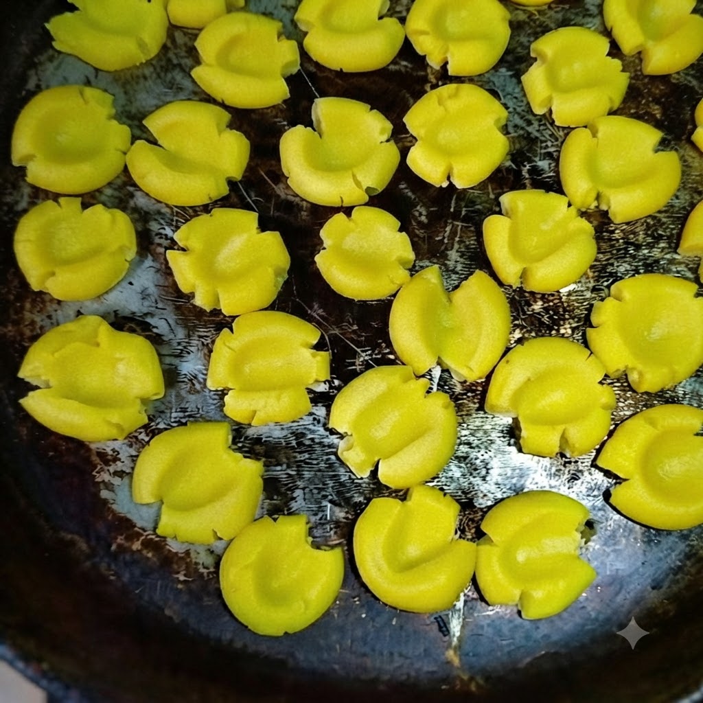 Shaped yellow cookie dough pieces arranged neatly inside a dark non-stick pan ready for baking.