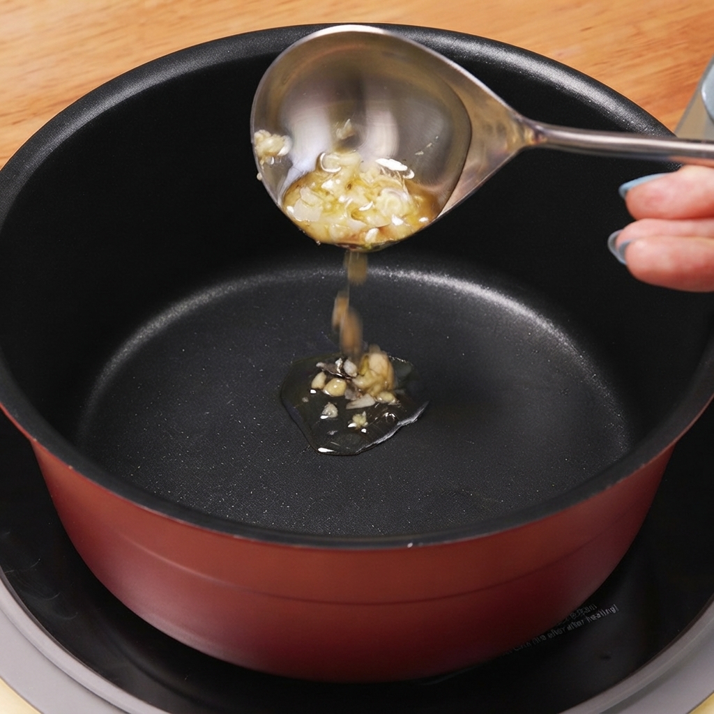 Light soy sauce being poured into a red cooking pot with garlic oil and chili peppers.