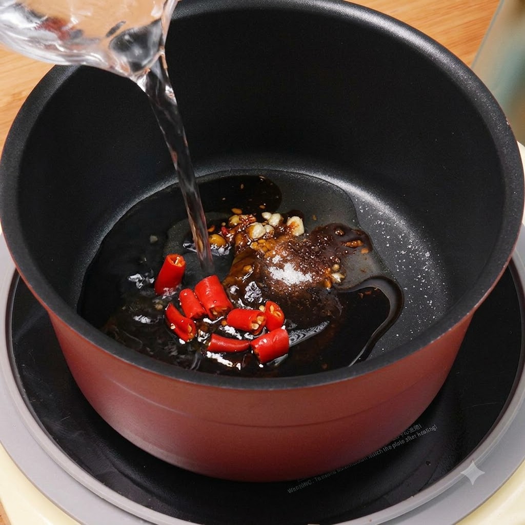 Clean water being poured from a measuring cup into the pot with sauce ingredients and red chili peppers.