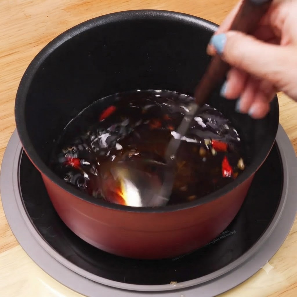 A ladle stirring the dark sauce mixture inside a red cooking pot.