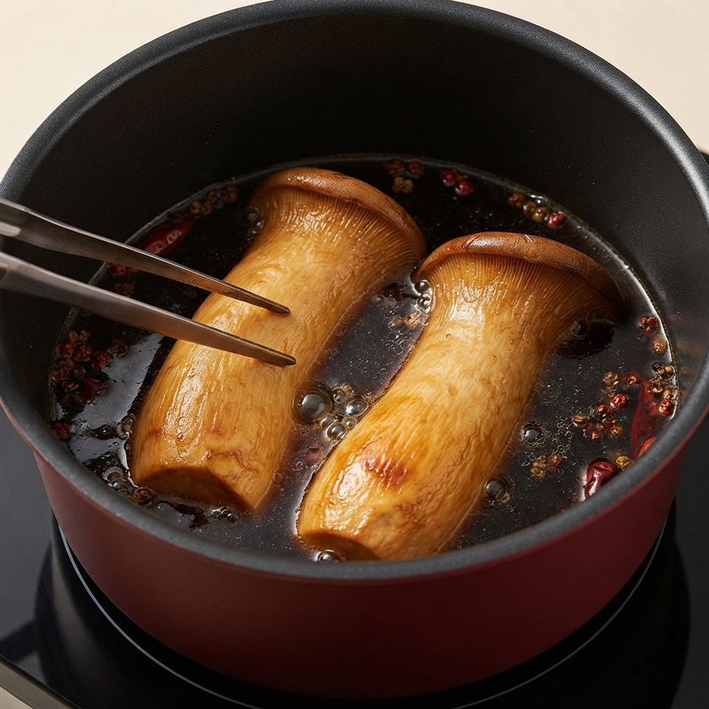Two whole king oyster mushrooms resting inside a pot filled with dark braising sauce and spices.