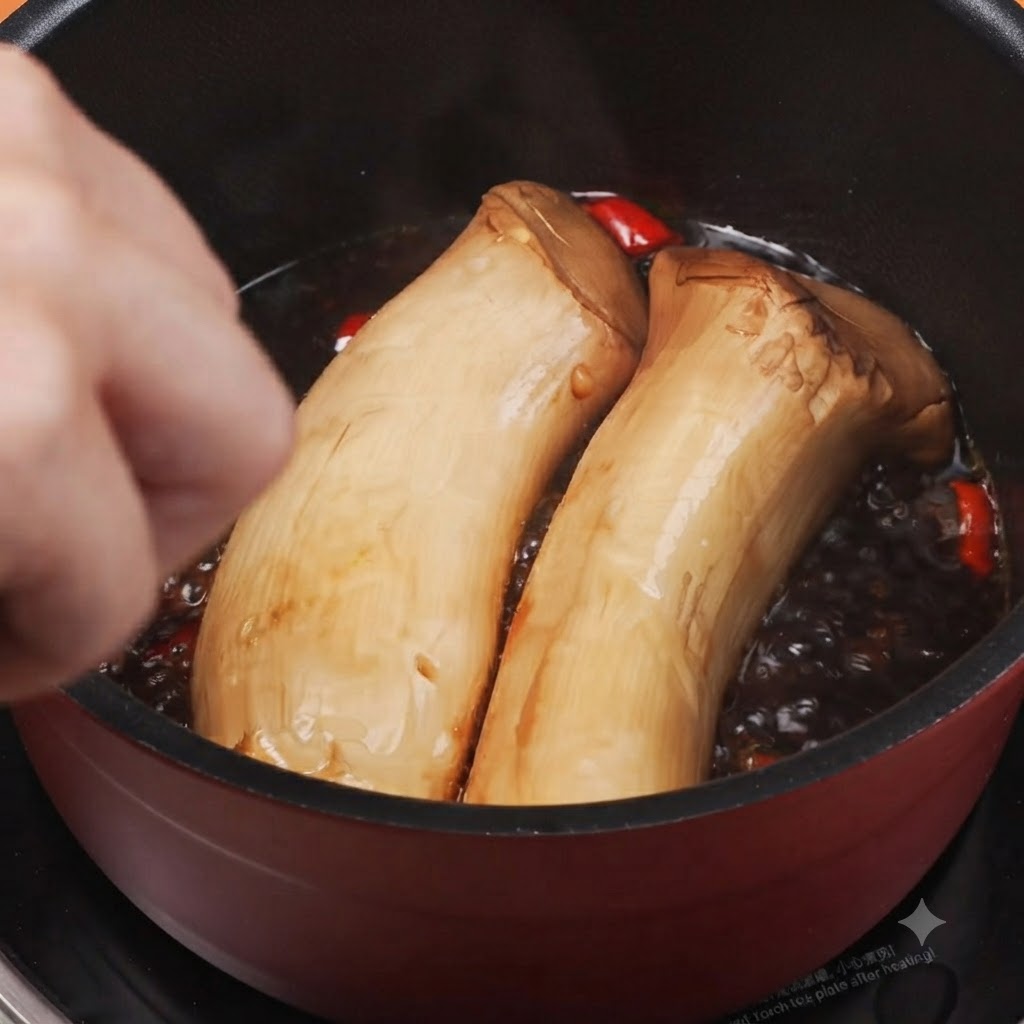Hand using tongs to gently flip and turn the king oyster mushrooms simmering in the sauce.