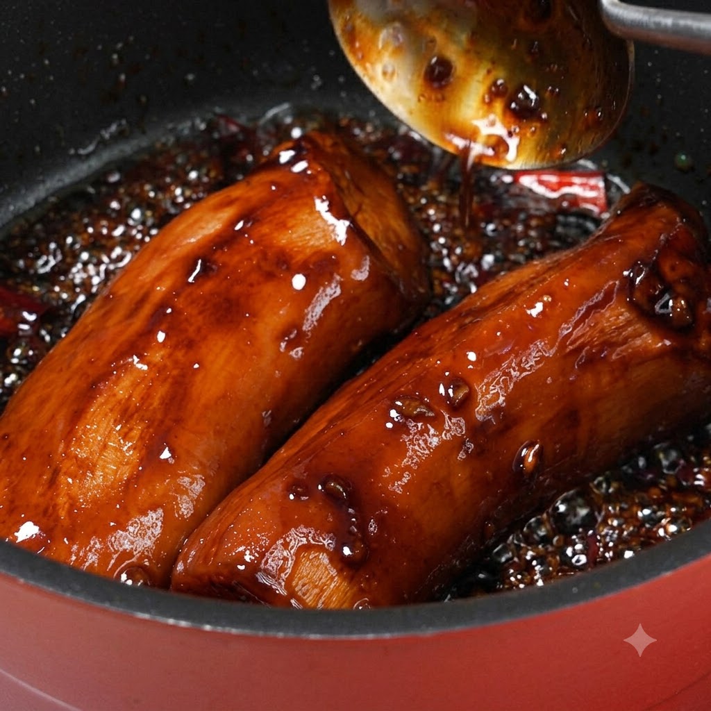 Whole king oyster mushrooms simmering in a reducing dark glaze inside a pot, being spooned with sauce.