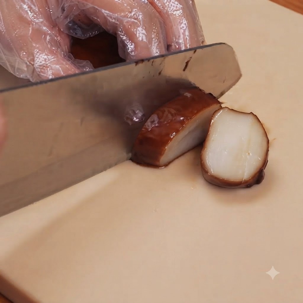 A person wearing protective gloves slicing a glazed king oyster mushroom on a cutting board, revealing the white interior.