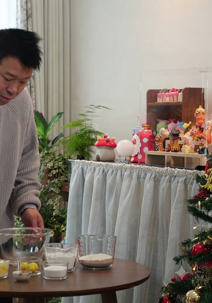 A person adding powdered sugar to a bowl of softened butter on a wooden table.