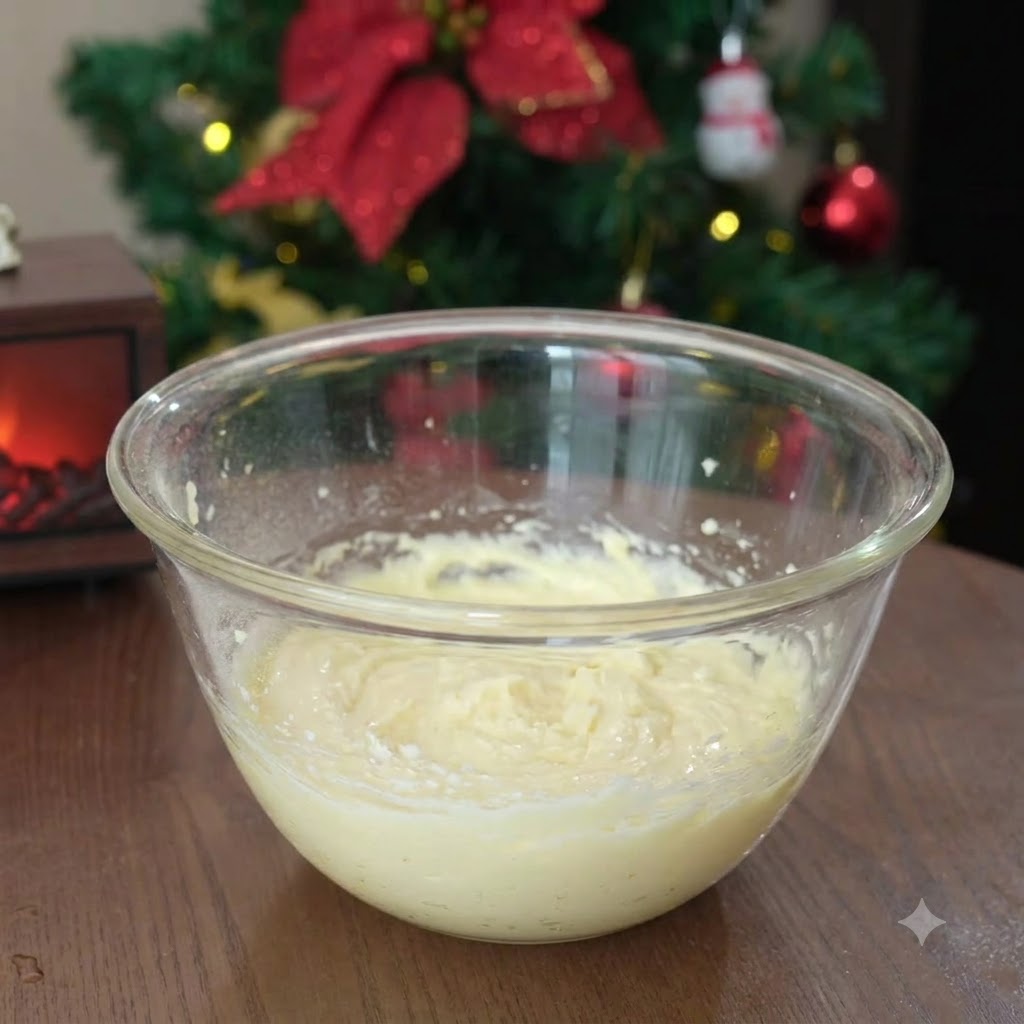 A glass mixing bowl containing butter and powdered sugar beaten until fluffy.