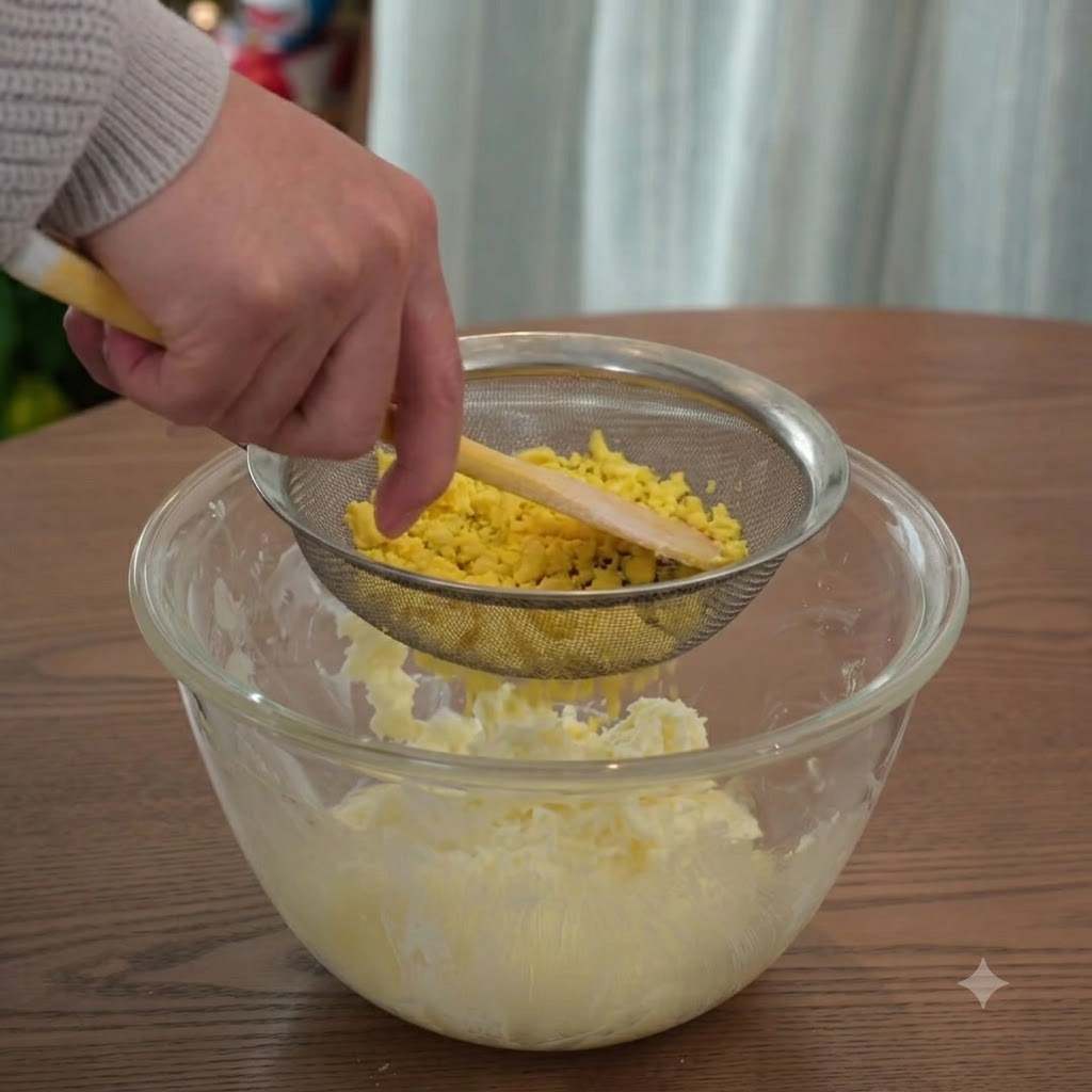 Cooked egg yolks being pushed through a fine mesh strainer into the mixing bowl using a wooden spoon.