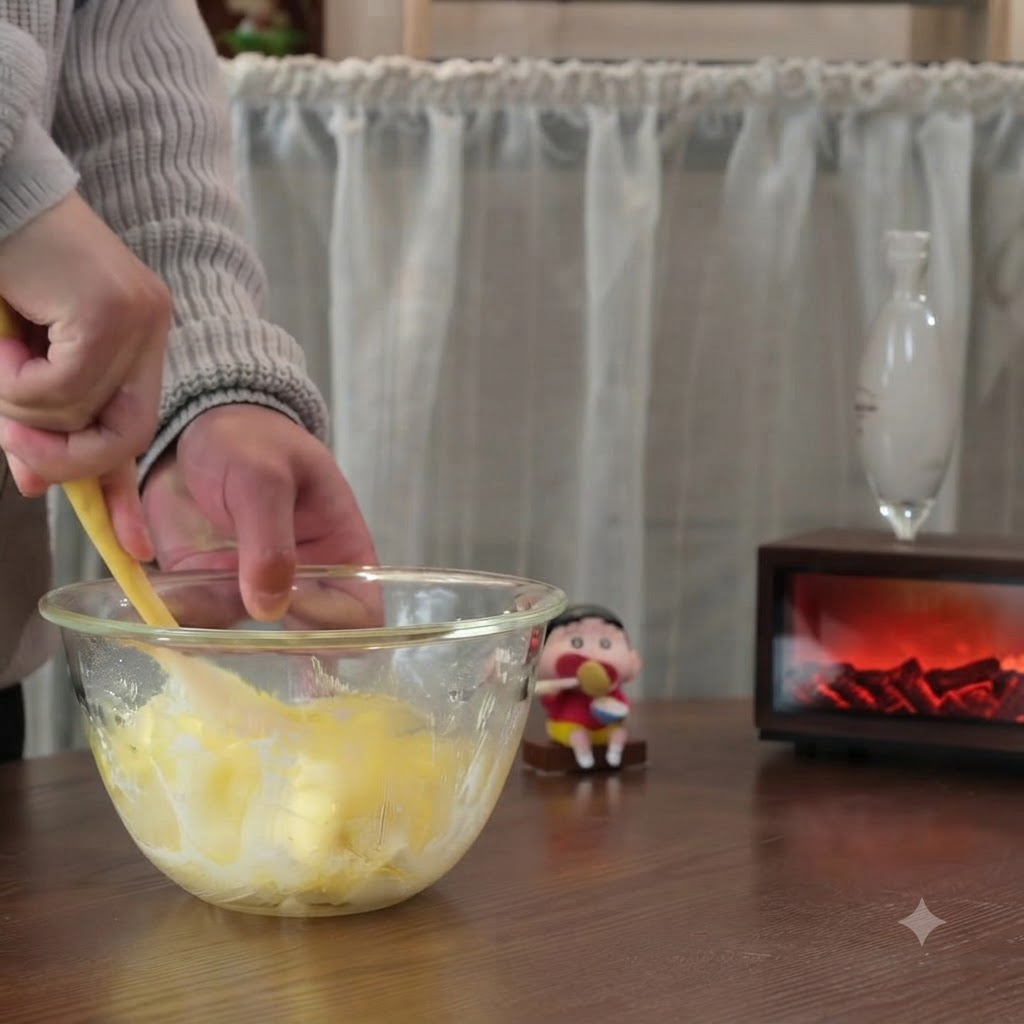 Sifted egg yolks being mixed into the butter base with a yellow spatula.
