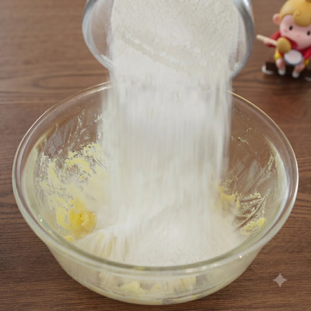 Flour and cornstarch being poured from a glass container into the mixing bowl.