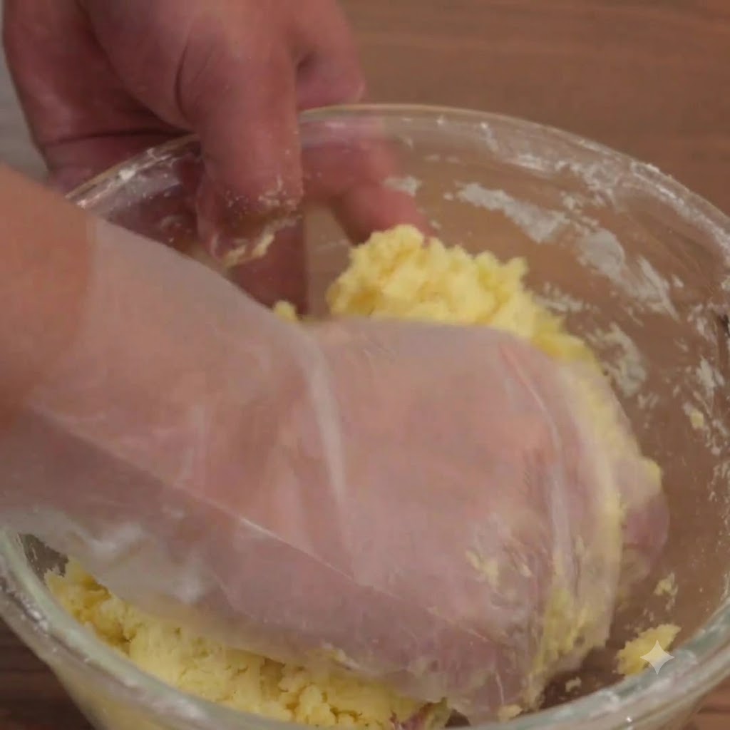 A gloved hand kneading the cookie dough inside a glass mixing bowl.
