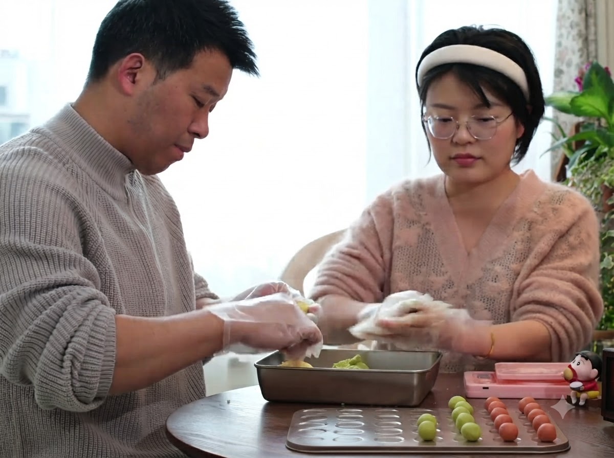 A man and woman wearing gloves while rolling small pieces of colored cookie dough into round balls on a table.
