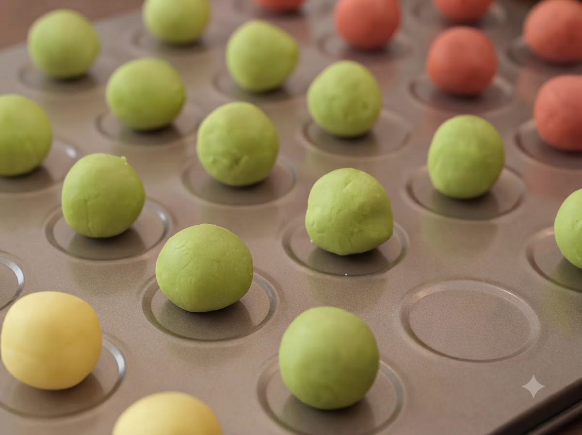Close-up of a baking tray lined with neatly arranged green, yellow, and red round dough balls.
