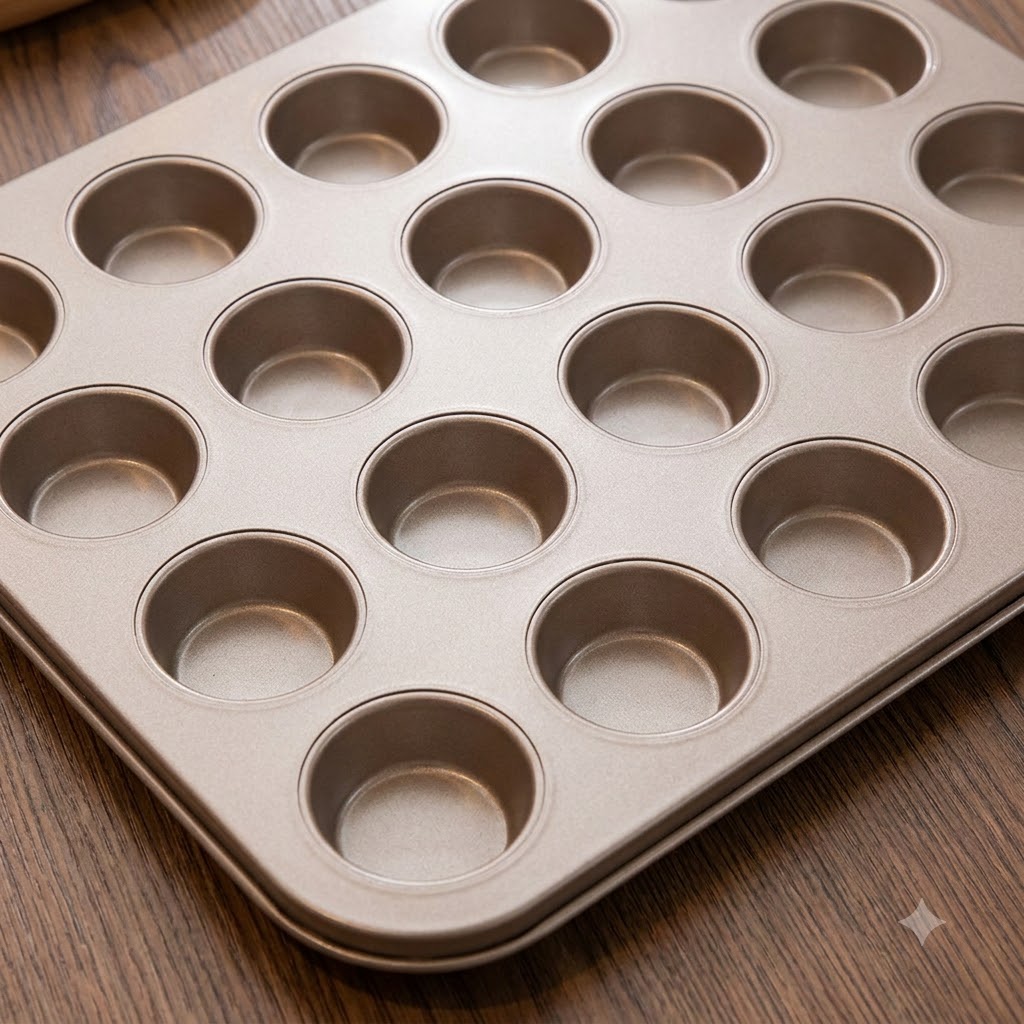 An empty gold-toned multi-cup baking tray resting on a wooden surface.