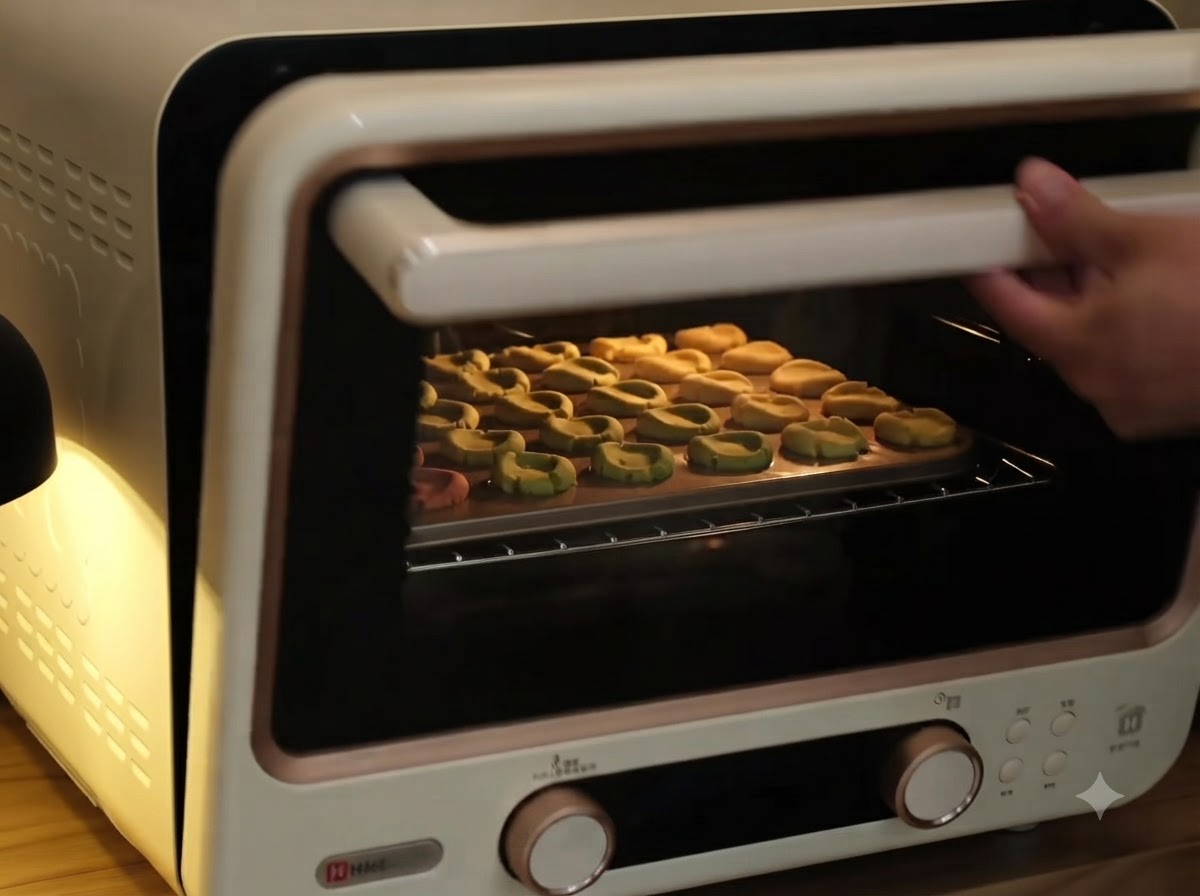 A person opening a white and rose-gold retro-style oven to slide in a tray of shaped cookie dough.
