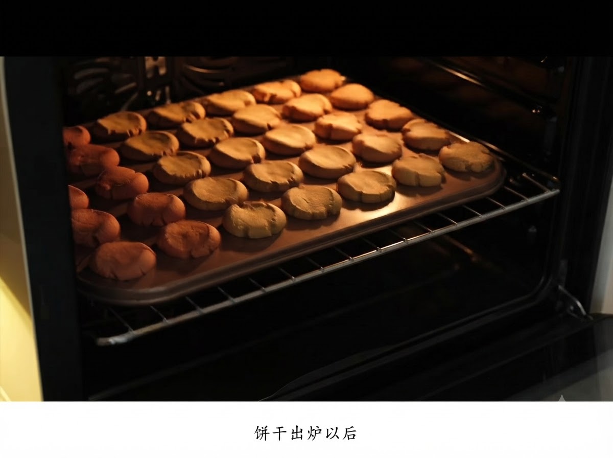 A tray of freshly baked golden-brown cookies pulled out from the dark interior of an oven.