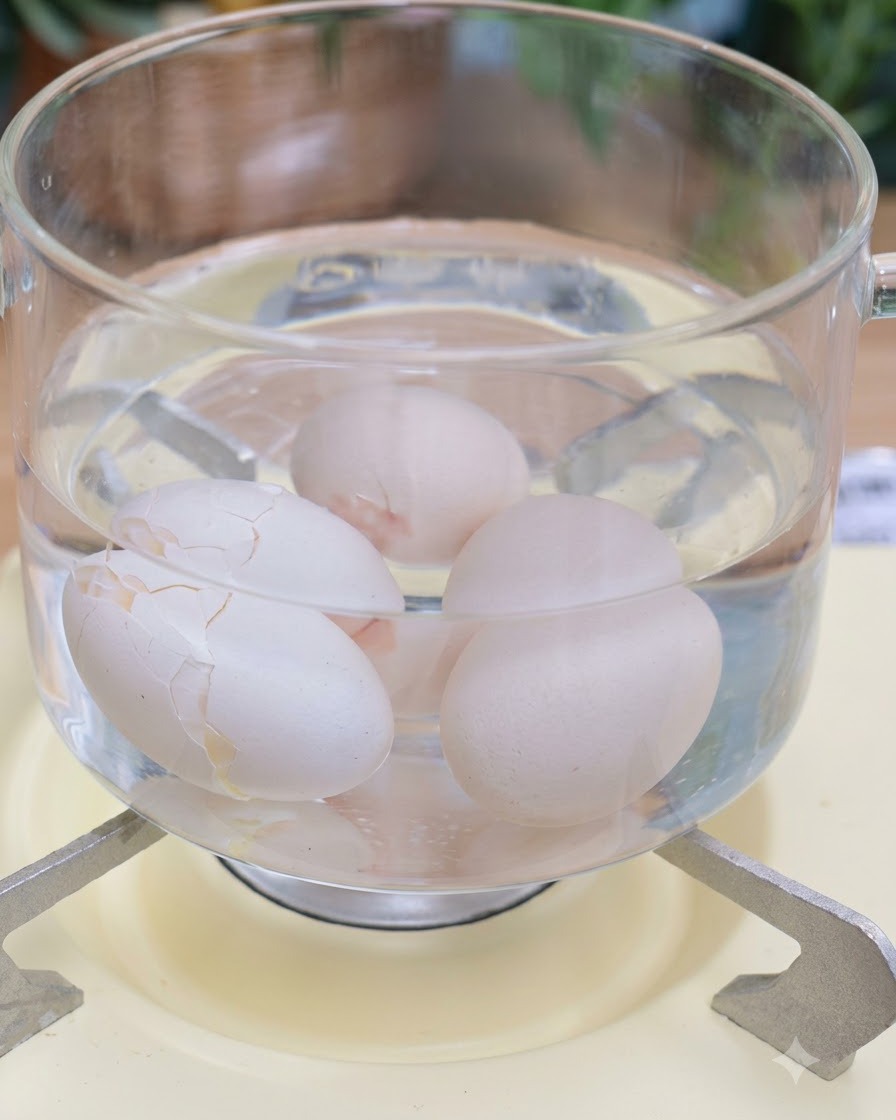 Eggs submerged in a pot of water boiling on a stove.