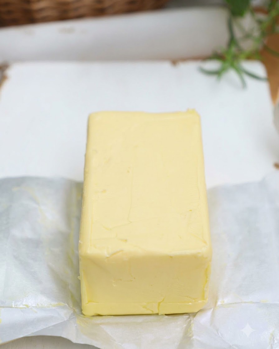 A block of butter being sliced into small equal-sized cubes on a white cutting surface.