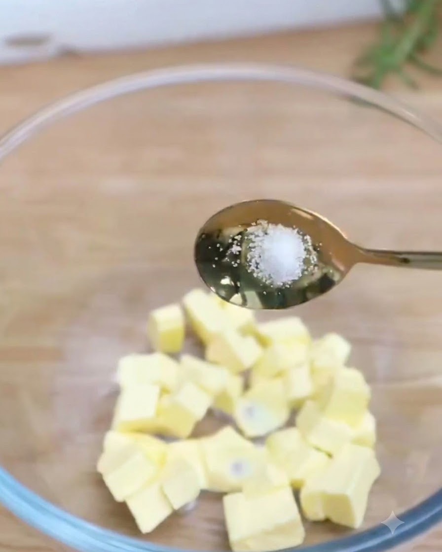 A spoonful of salt and powdered sugar being poured over softened butter cubes inside a clear glass bowl.