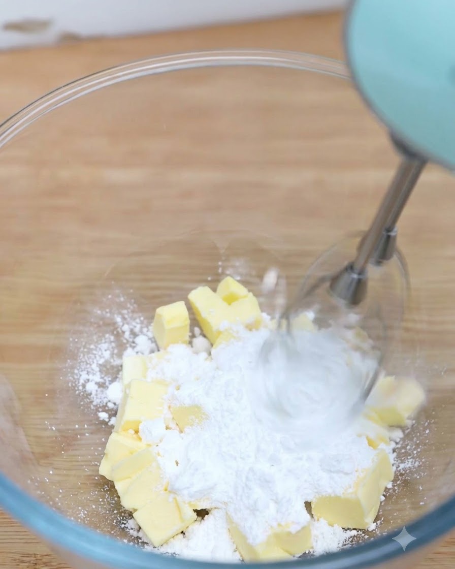An electric mixer blending butter, salt, and powdered sugar together inside a glass bowl.