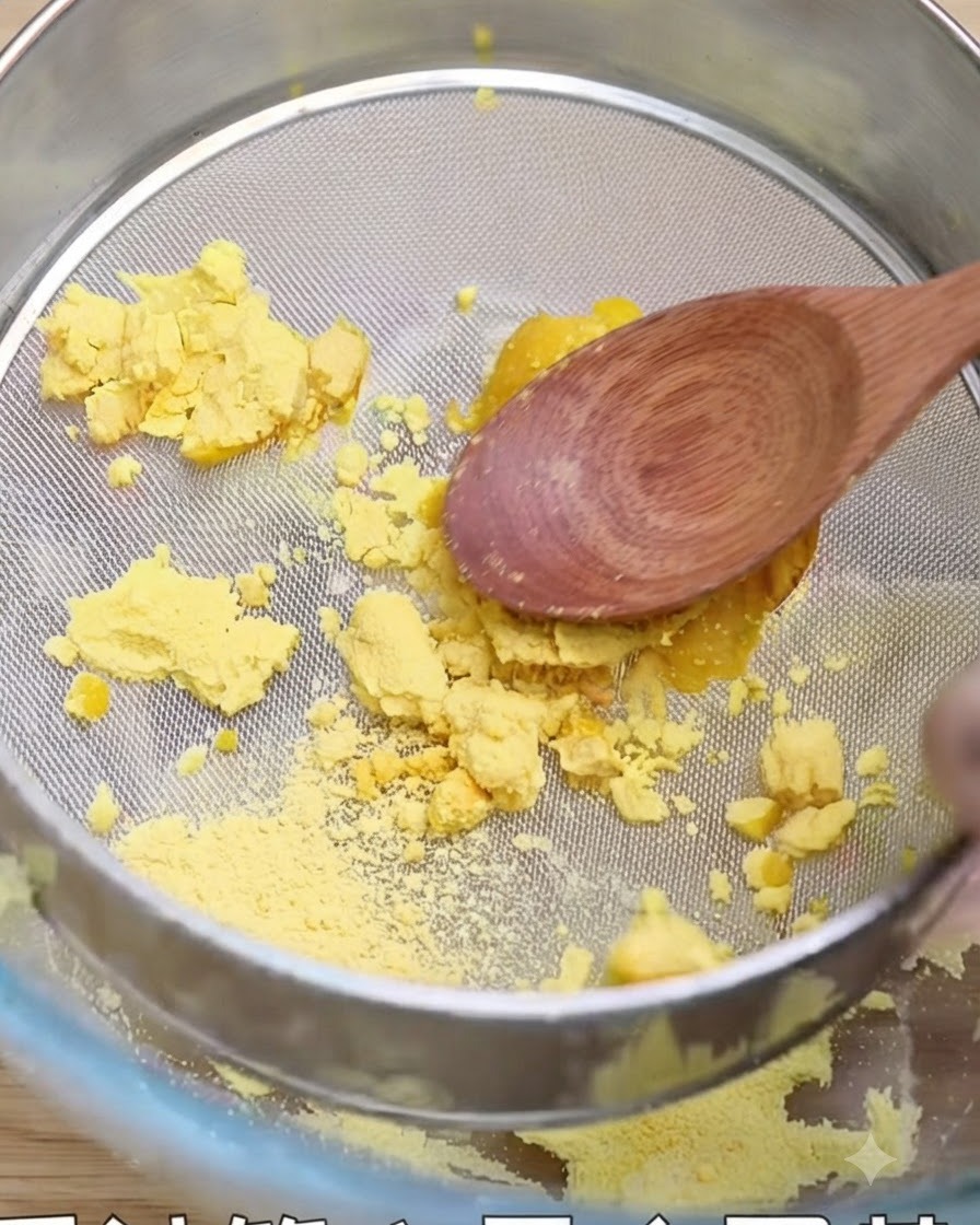 Cooked egg yolks being pushed through a wire mesh sieve with a wooden spoon into a bowl.