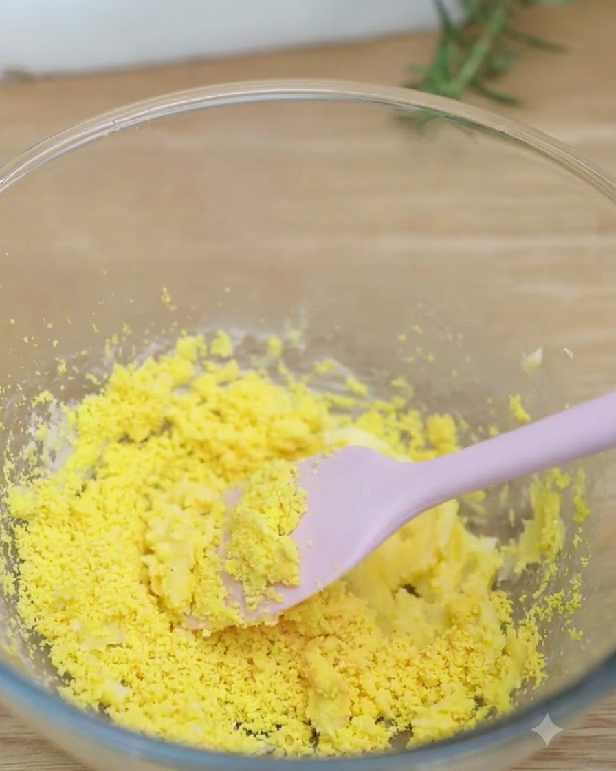 A pink spatula thoroughly stirring sifted cooked egg yolks into the creamy butter mixture.