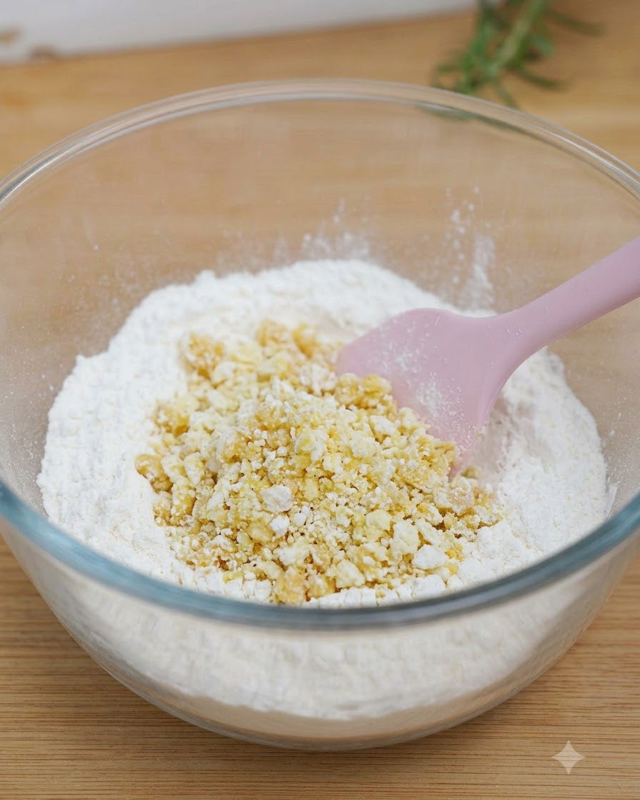 A bowl containing flour and other ingredients being mixed together with a spatula.