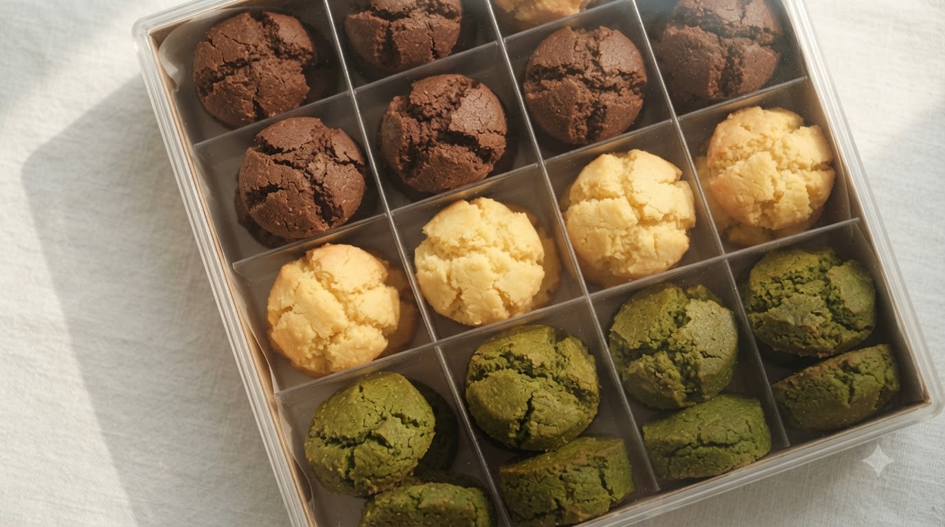 An assortment of finished yellow, green matcha, and brown cocoa Margaret biscuits arranged neatly in a clear-lidded gift box.