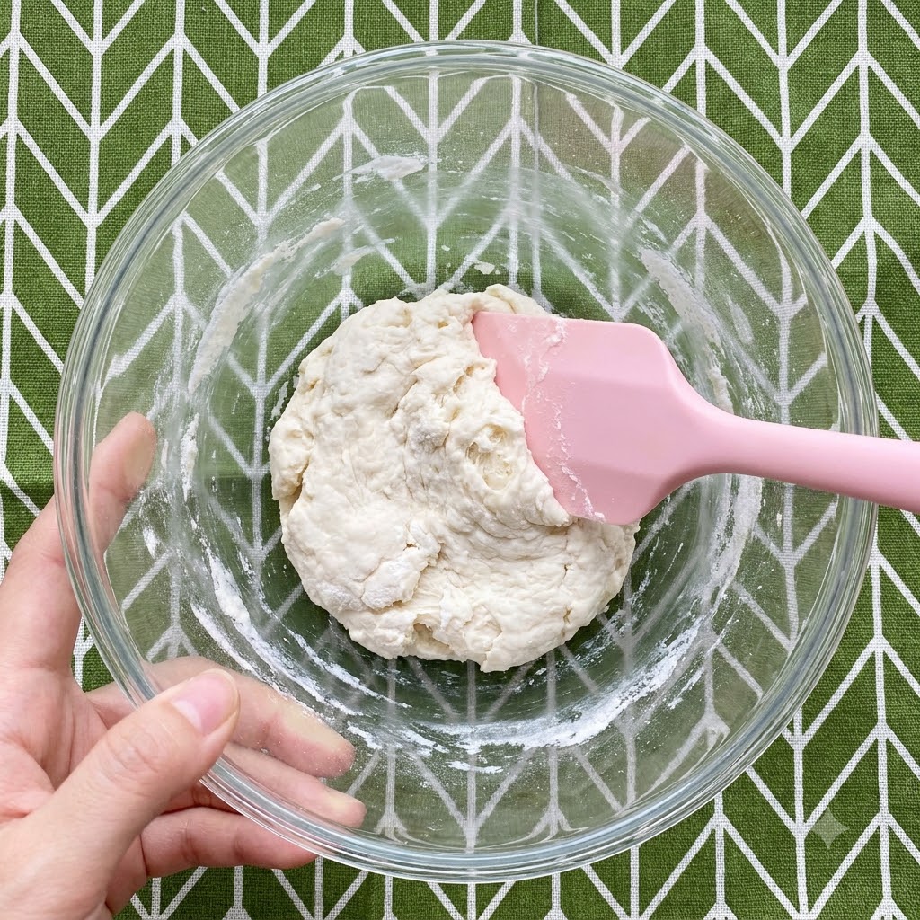 Ice water being poured into the glass bowl and mixed with flour using a pink spatula to form a sticky dough mixture.