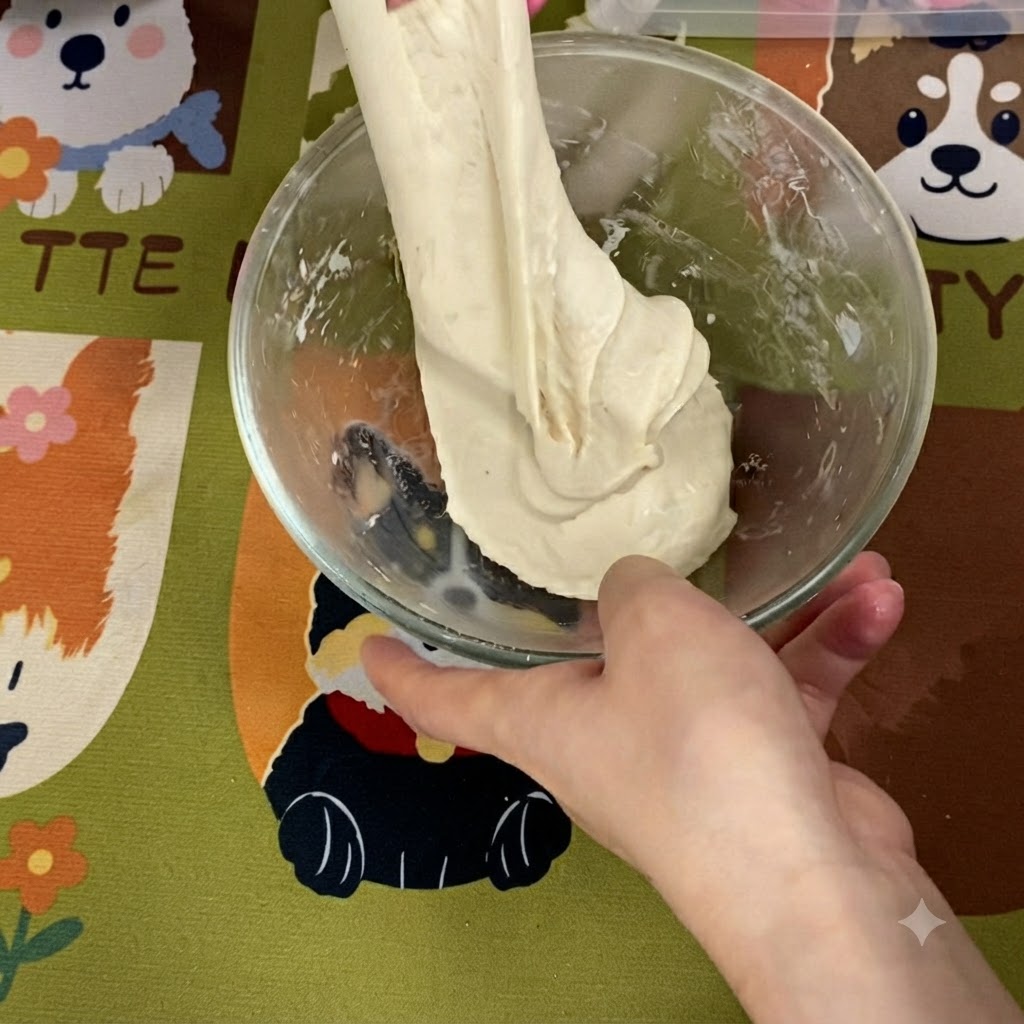 A section of smooth, elastic, high-hydration dough being lifted and stretched upward out of the glass bowl.