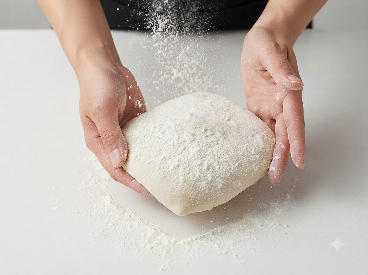 Hands holding a square-shaped fermented dough while dry flour is sprinkled over it onto a white countertop.