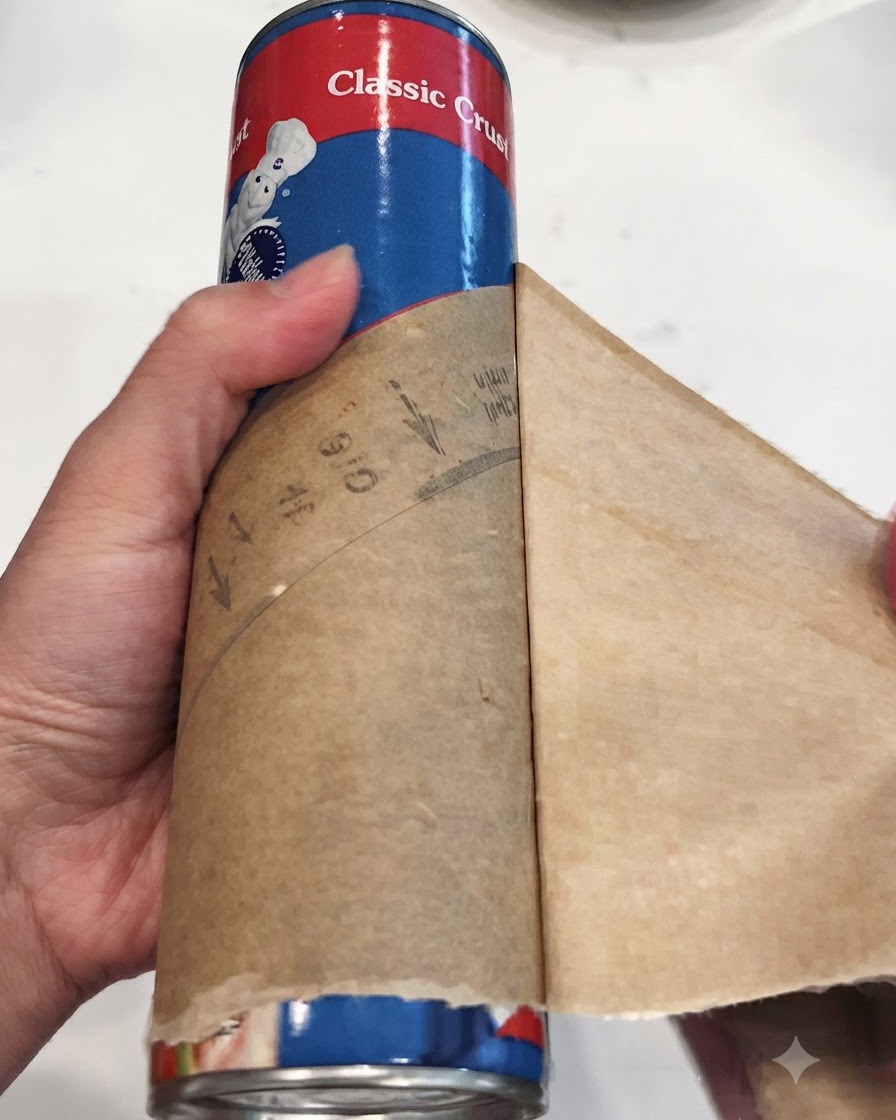 A hand unrolling canned pizza dough from its cardboard container onto parchment paper.